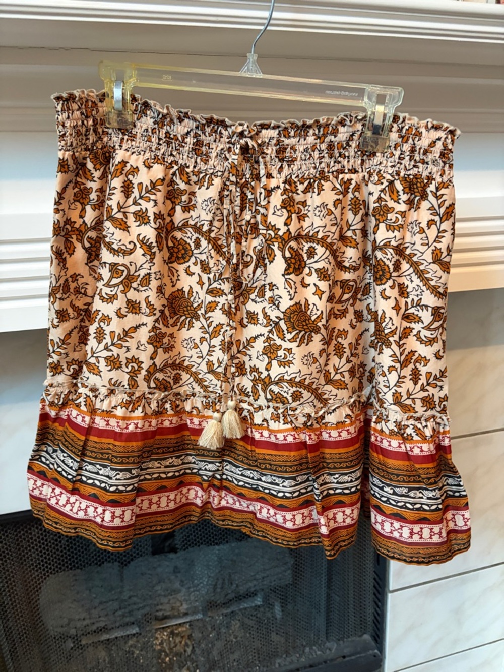 Boho Floral Tiered Peasant Skirt - Cream with Brown & Red Accents